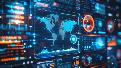 A digital screen displaying various data visualizations, charts and graphs with a global map in the center The background is a dark blue, creating an atmosphere of technology innovation Generative AI