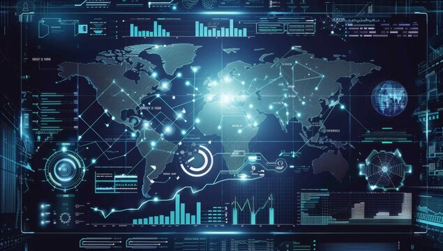A digital interface displays various data visualizations, charts and graphs with the world map in the center of the screen Generative AI