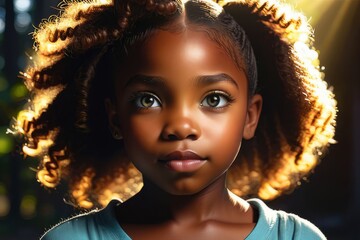 Retrato frontal de uma garotinha negra, com luz do sol ou estúdio, incidindo por trás de seus cabelos. - obrazy, fototapety, plakaty