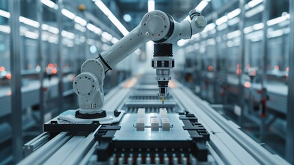 futuristic robotic arm on assembly line - obrazy, fototapety, plakaty