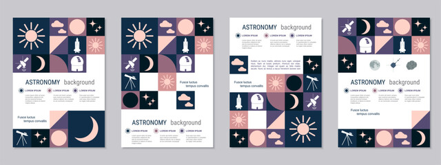 Space and astronomy theme flyer vector template collection. Design for poster, booklet, brochure cover, card, coupon. A4 format