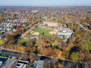 Aerial landscape of suburban multifamily homes in suburban Ardmore Philadelphia Pennsylvania
