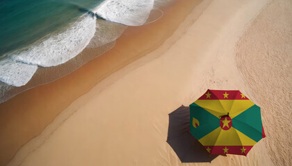 An aerial vista of a sandy beach with gentle ocean waves, featuring a beach umbrella adorned with the Grenada flag. Ideal for Grenada tourists seeking seaside relaxation