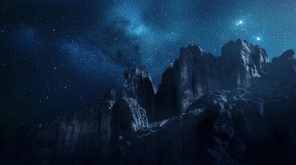 Stone cliffs against the sky with constellations in dark blue tones