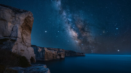 Stone cliffs against the sky with constellations in blue tones