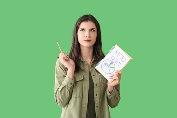 Thoughtful young woman holding notebook with keto diet chart and pencil on green background