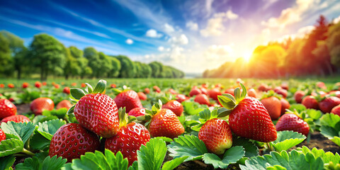 Strawberry Sensation, picturesque strawberry field - ideal for farm-fresh marketing, seasonal celebrations, and vibrant nature concepts