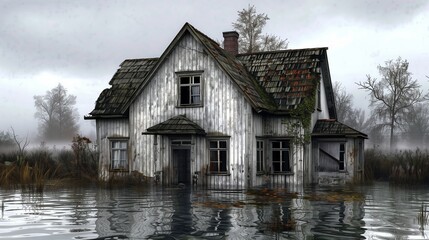 A waterlogged old house stands amid a flooded field under a cloudy sky