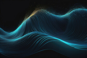 Abstract wave rippling across an inky expanse, network design intertwining with particles symbolizing big data, bright shine piercing through the darkness, 3D rendered, octane rendering, vivid colors