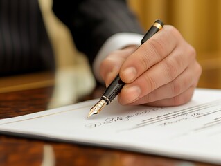 A man is writing on a piece of paper with a pen. Concept of formality and importance, as the man is using a pen to sign a document