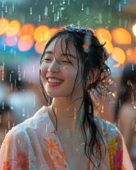 A beautiful girl is standing in the rain. She is wearing a yukata and her hair is wet.