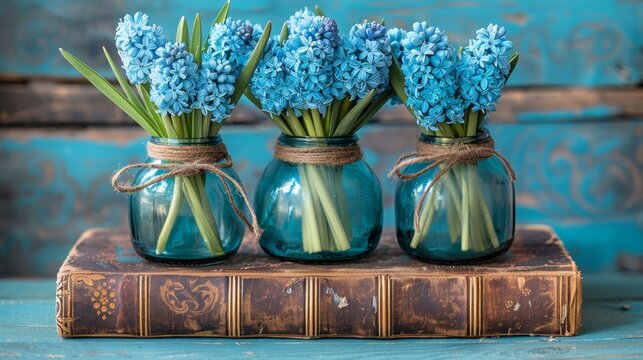   Three Mason jars, each filled with blue flowers, sit atop an old book They're secured with a length of twine
