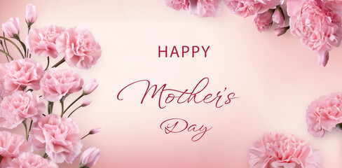 Fototapeta na wymiar Pink carnation flowers on pastel background with Happy Mother's day greeting.