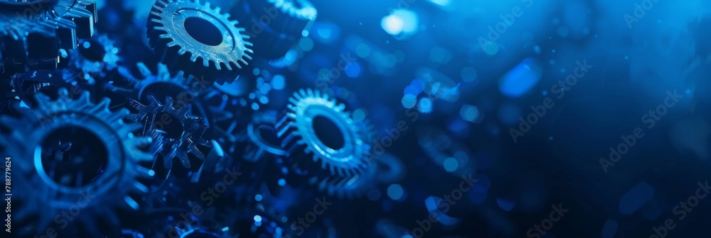 Poster abstract blue digital technology background with gears and gear wheels web banner design generative 