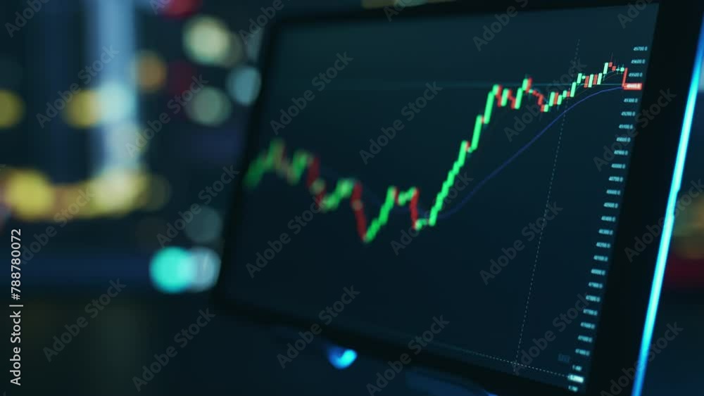 Poster stock market candles and information of exchange with data of price on the tablet screen. financial 