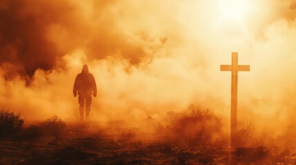 Silhouette of a man in the desert with a cross in the smoke and dust under the sun - obrazy, fototapety, plakaty