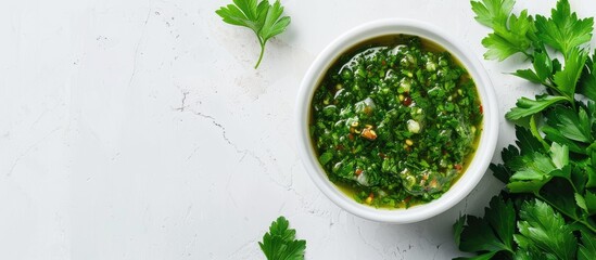 Chimichurri sauce presented in a white bowl alongside parsley leaves on a white marble surface, with available space for text. - obrazy, fototapety, plakaty