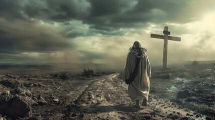 Symbolic representation of Jesus walking a path towards Golgotha, with the cross and crown of thorns forming key elements on the redemptive journey