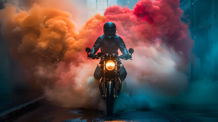 Man on motorcycle rides through smoke cloud under atmospheric sky