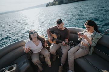 Young adults having fun on a boat, with one playing guitar and another using a smart phone, against...