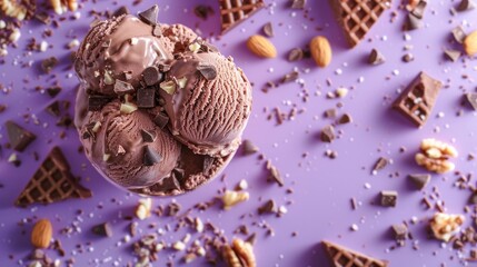 Chocolate covered ice cream with nuts on a purple background bitten on top with chocolate bits. Taste explosion