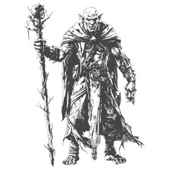 orc mage with magical staff full body images using Old engraving style