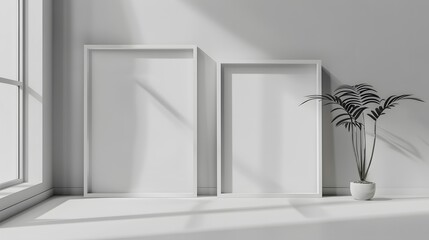 minimalist beauty of white blank frames against a sophisticated silver background, their clean...