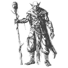orc mage with magical staff full body images using Old engraving style