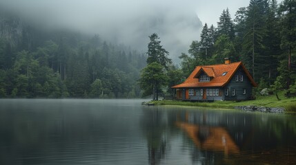Fototapeta na wymiar A house with a red roof and red shingles sits on the lakeshore amidst a forest