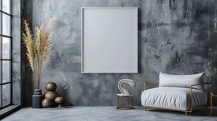 modern elegance of a white blank frame against a chic gray background, its sleek design and contemporary appeal captured in cinematic high resolution photography.