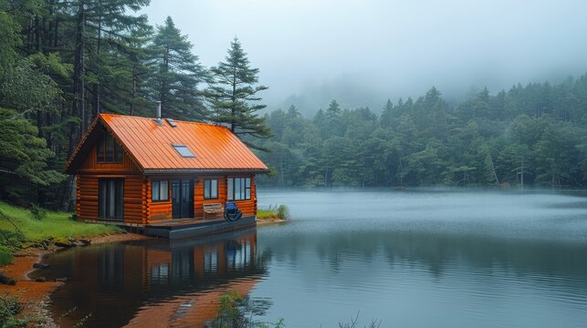   A cabin, modest in size, rests at the lake's edge Beyond it lies a forested region, enshrouded in a misty, foggy sky