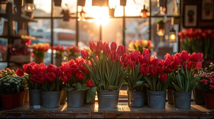   A table holds several red tulips facing a sunlit window Sun illuminates the scene from behind