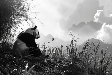 A solitary panda bear stands gracefully in a lush field, its distinctive black and white fur...