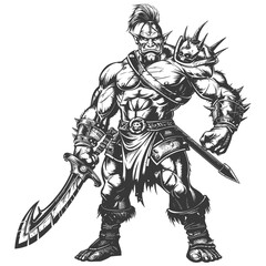 orc warrior full body images using Old engraving style