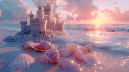 nostalgic beauty of a sand castle on the beach, surrounded by pastel-colored seashells and framed by the soft pink hues of a sunset sky, captured in cinematic high resolution.