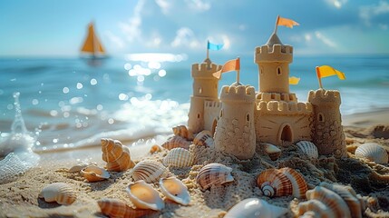 playful spirit of a sand castle on the beach, adorned with colorful flags and shells, set against a backdrop of deep blue ocean waters, portrayed in stunning 8k full ultra HD resolution.