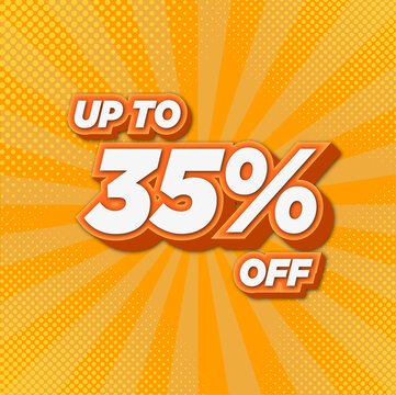 35 percent off. image in yellow and orange tones, background with sun rays, halftone, promotion and market