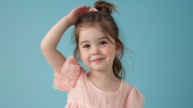 A cute little girl aged 5 6 beams in her pink dress as she stands tall showcasing her growth by stretching her hand above her head Captured against a soft pastel blue backdrop in a child st