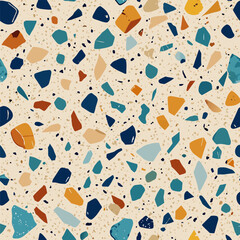 Terrazzo flooring vector seamless pattern. Italian terrazzo mosaic texture. Terrazzo seamless print tile. Concrete, granite, cement terrazo template. Terrazzo Floor material. Particles pebble, glass.