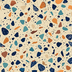 Terrazzo flooring vector seamless pattern. Italian terrazzo mosaic texture. Terrazzo seamless print tile. Concrete, granite, cement terrazo template. Terrazzo Floor material. Particles pebble, glass.