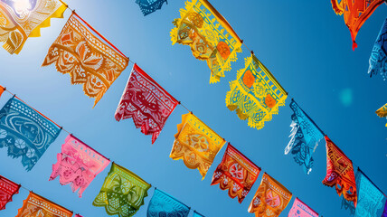 Colorful Mexican Papel Picado Against a Blue Sky