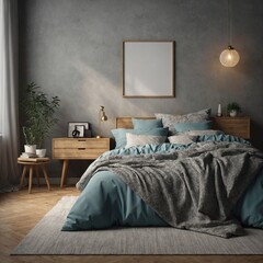 Mockup frame in bedroom interior background, 3d render
