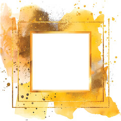 Modern golden watercolor splash blot splatter stain with gold square frame, glitter, brush strokes, place for text. Beautiful watercolor textured hand drawn vector illustration. Isolated on white - 788784438
