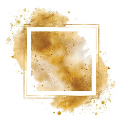 Modern golden watercolor splash blot splatter stain with gold square frame, glitter, brush strokes, place for text. Beautiful watercolor textured hand drawn vector illustration. Isolated on white - 788784467