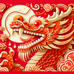 Bright red and yellow dragon.Paper crafts,e. Year of the Dragon in China and East Asia. One of the Chinese zodiac signs. New Year of the Dragon 2024