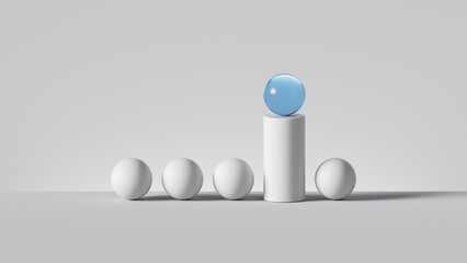 3d render, abstract minimalist geometric background. Blue glass ball on the top of white cylinder in the row of white balls. Isolated objects. Outstanding concept, one of a kind, advantage metaphor.