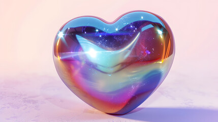 Render of 3d iridescent chrome heart emoji with rainbow gradient effect. 3d modern y2k illustration. Holographic heart icon, like galaxy planet with stars.