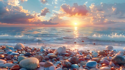 scene of serenity with colorful rocks adorning the shoreline of a tranquil beach, their vivid shades contrasting beautifully with the soft pastel hues of the sunset sky - Powered by Adobe