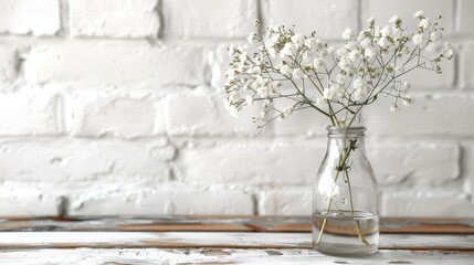   A vase, brimming with white flowers, sits atop a weathered wooden table Beyond, a whitewashed brick wall extends