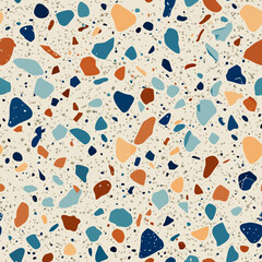Terrazzo flooring vector seamless pattern. Italian terrazzo mosaic texture. Terrazzo seamless print tile. Concrete, granite, cement terrazo template. Terrazzo Floor material. Particles pebble, glass.